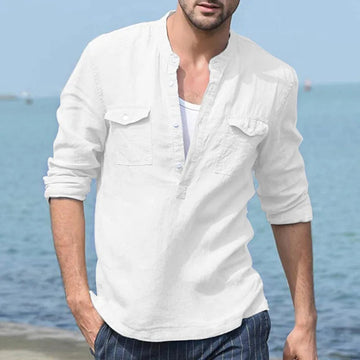 AIDASE  -  A Large Number of Spot 2025 Cross-border Foreign Trade Amazon Men's Cotton Linen Casual Long-sleeved Shirts with Pockets Shirts aidase-shop